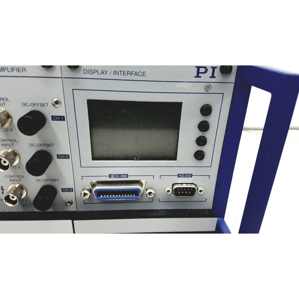Gray and blue physik instrumente e-501 3 channel servo controller with lvpzt amplifier and digital operation module panel