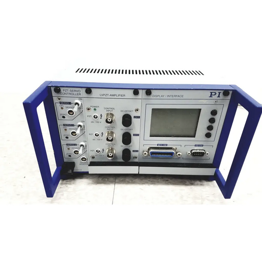 Blue-framed physik instrumente e-501 channel servo controller lvpzt amplifier system with silver front panel and ports