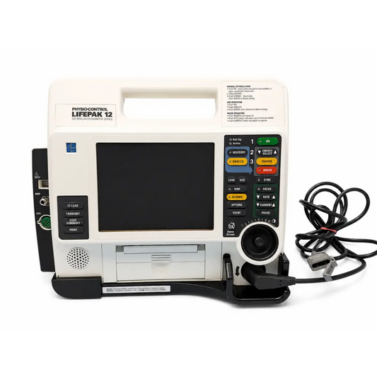 Physio-control lifepak 12 defibrillator monitor complete kit with white and black casing and color-coded function buttons