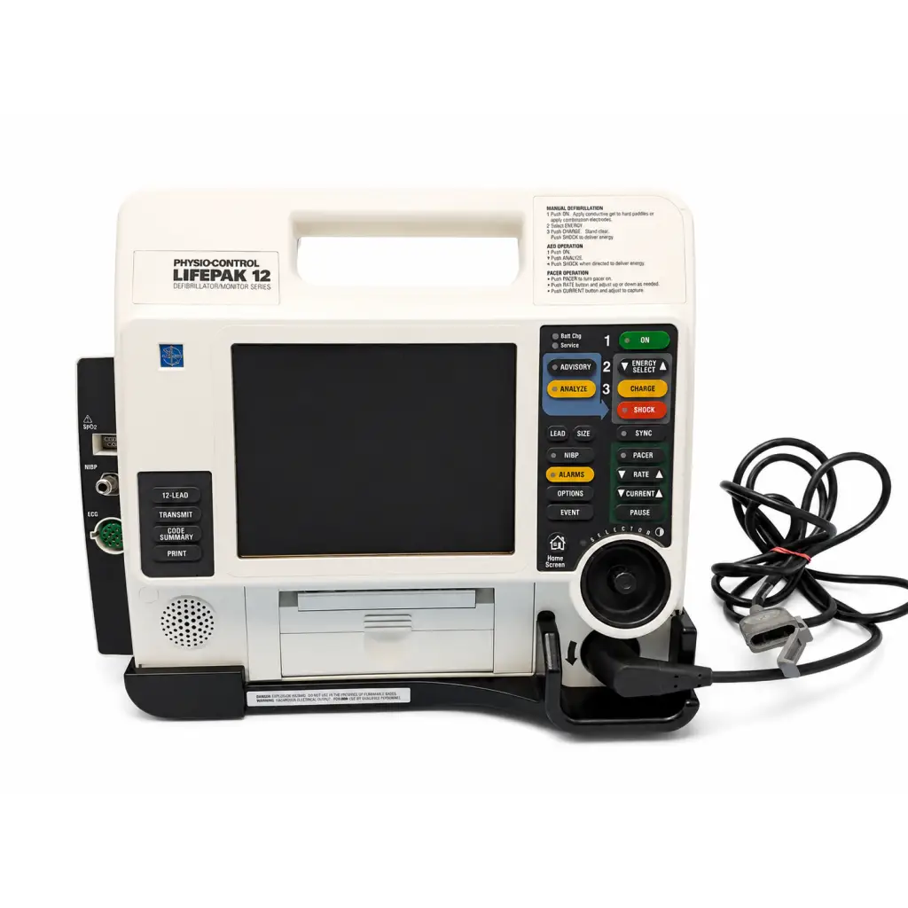 Physio-Control LIFEPAK 12 defibrillator monitor complete kit with white black casing and color-coded shock analyze sync buttons