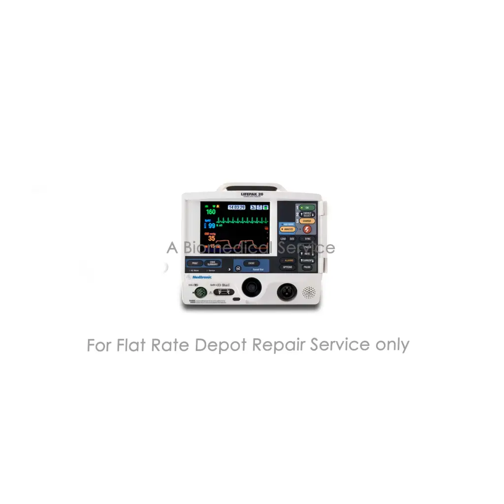 White physio control lifepak 20 defibrillator monitor with digital screen and buttons for medical equipment repair service