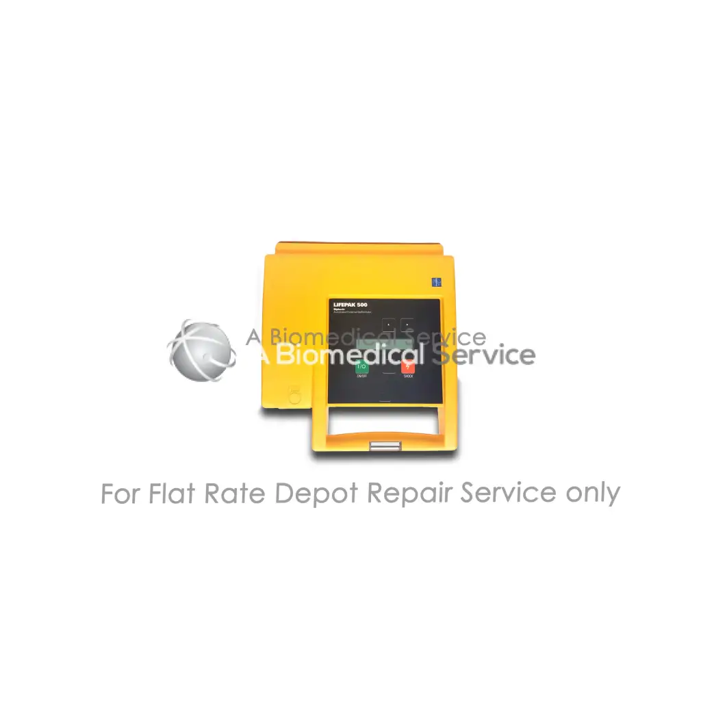 Yellow physio control lifepak 500 defibrillator with black control panel and colored buttons for medical equipment repair service
