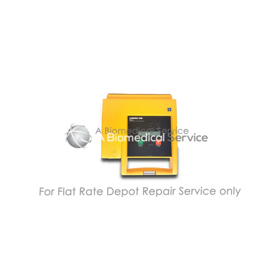 Yellow physio control lifepak 500 defibrillator with black control panel and colored buttons for medical equipment repair service