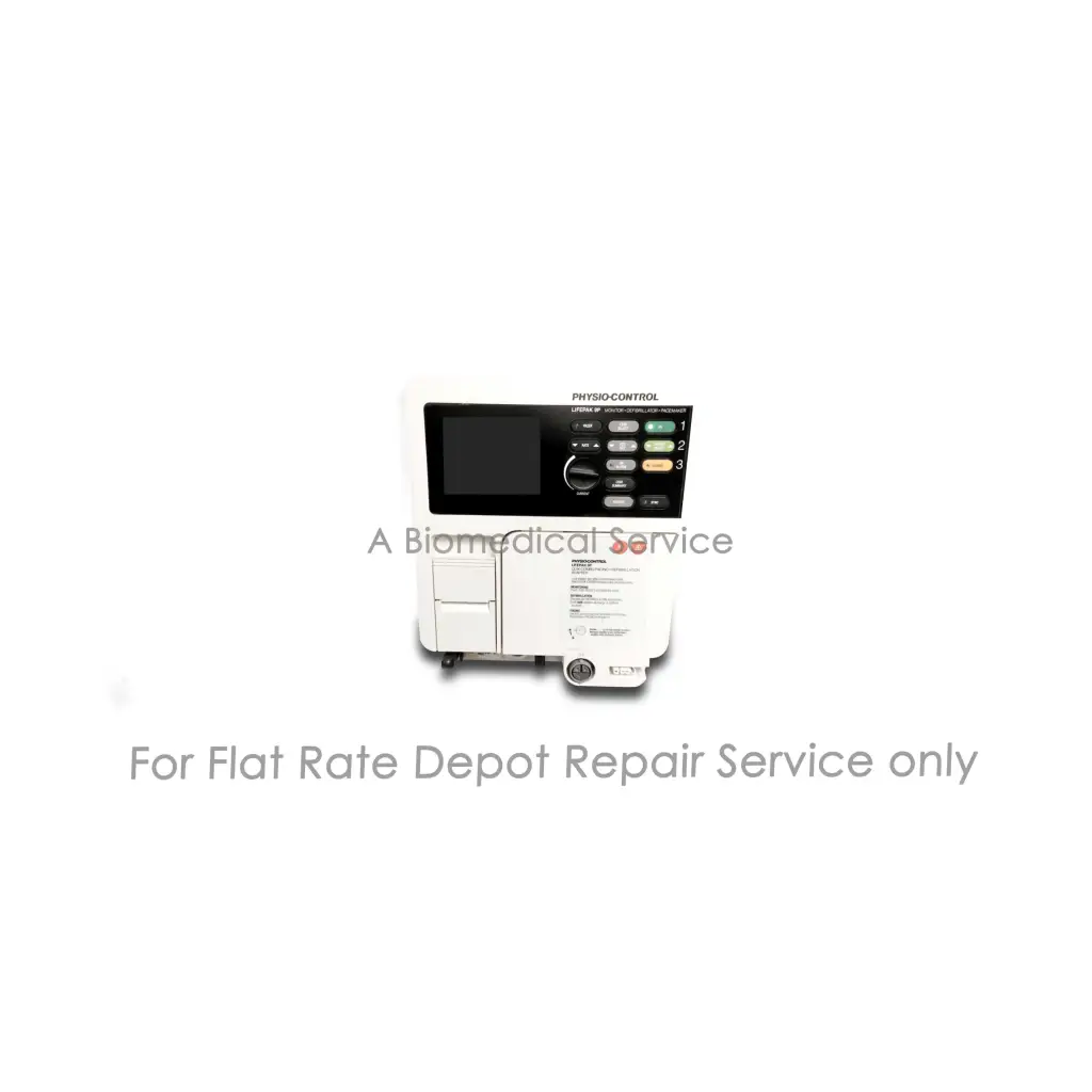 White physio control lifepak 9 defibrillator with black touchscreen and colored buttons for repair service of medical equipment