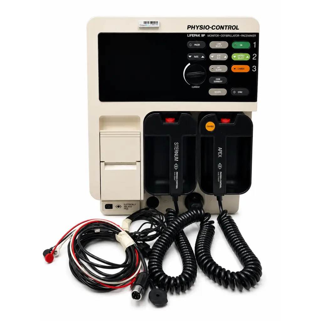 Beige physio-control lifepak 9b monitor-defibrillator-pacemaker with black control panel and lifepak battery charger