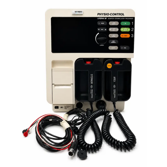 Beige physio-control lifepak 9b monitor-defibrillator-pacemaker with black control panel and lifepak battery charger