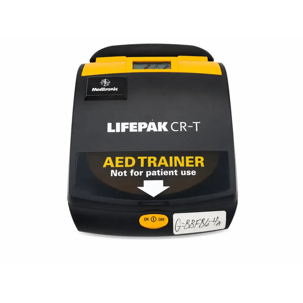 Black and yellow physio-control lifepak cr-t aed training device with digital display and not for patient use label