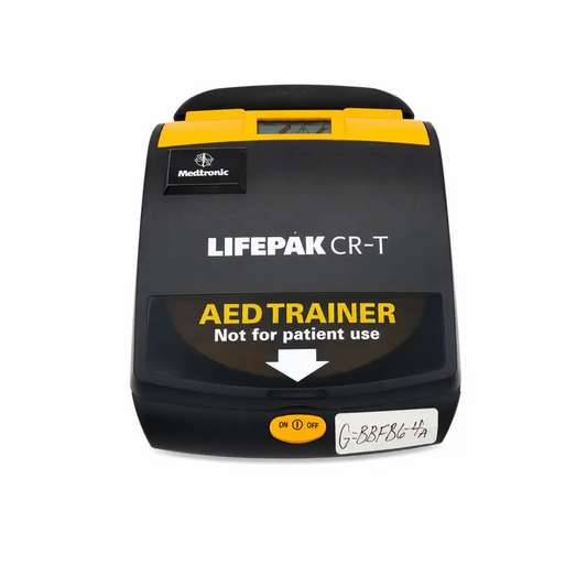 Black and yellow physio-control lifepak cr-t aed training device with digital display and not for patient use label