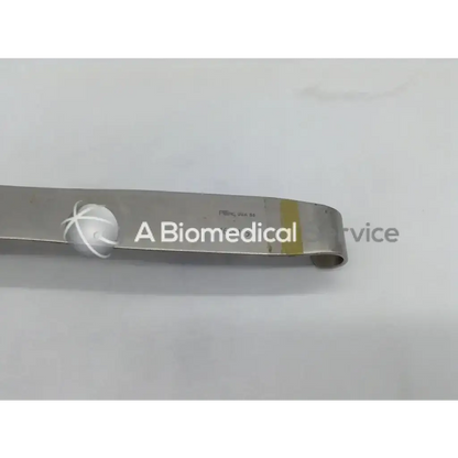 Silver metallic narrow deaver retractors with engraved a biomedical branding and circular logo 1 inch by 14 inches