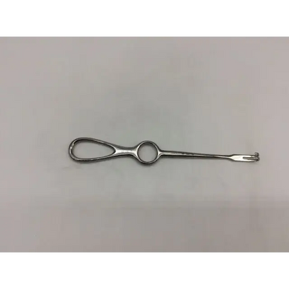 Silver volkman retractor with looped handle, central ring, and fine-tipped end surgical instrument
