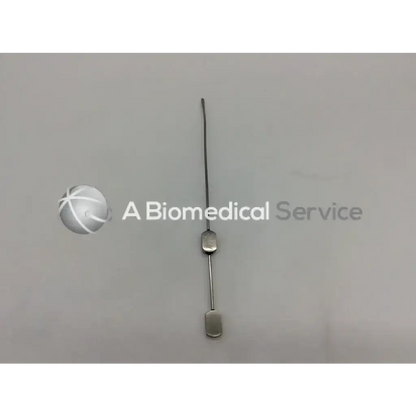 Silver stamey needle 9 3/4 inch angled 15 deg surgical instrument with slender shaft and rectangular metal ends