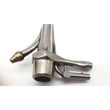 Silver-colored metal oxy-acetylene torch with brass nozzle and engraved markings for pilling 3x20 broncoscope da54-35