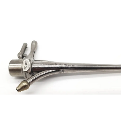 Stainless steel surgical instrument with slender elongated shaft and articulated handle for pilling 3x20 broncoscope da54-35