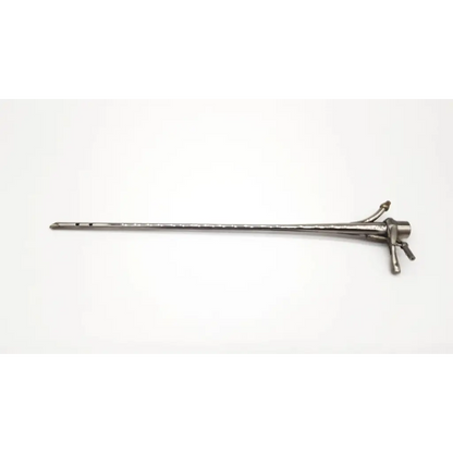 Silver surgical retractor with long slender shaft and complex handle mechanism for pilling 5x30 bronchoscope da54-14