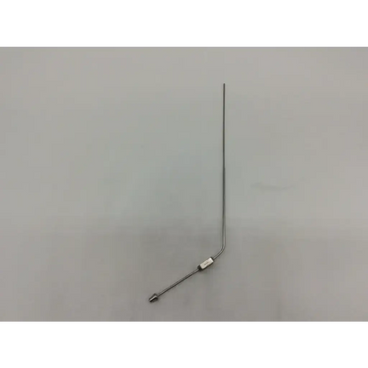Slender metallic jako suction tube with a straight shaft and an angled bend near the base for surgical use