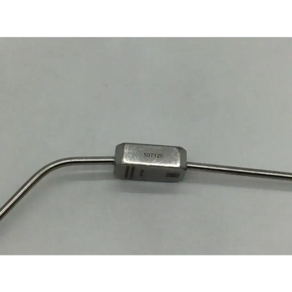 Silver-colored metal jako suction tube with rectangular body and curved tubing for medical suction use