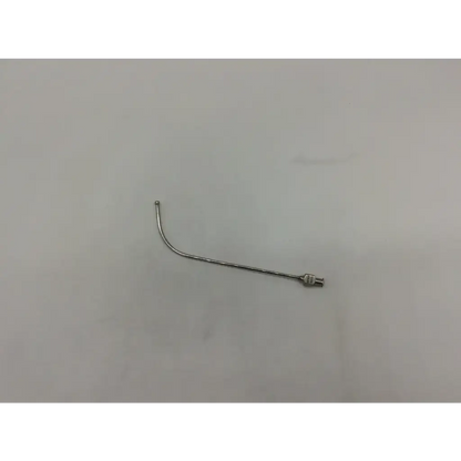 Slender curved metal abraham laryngeal syringe cannula with spherical tip and luer lock threaded end in silver