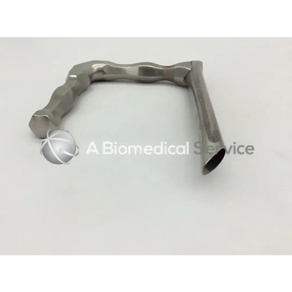 Silver-colored metallic surgical micro adult laryngoscope with textured angular handle and smooth cylindrical tube