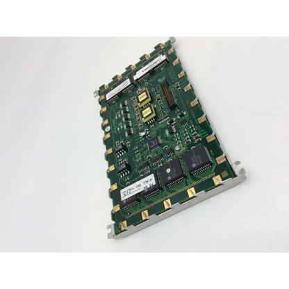 Green circuit board with black integrated circuits and gold connectors on the back side of planar el552.256-q1 lcd display screen panel