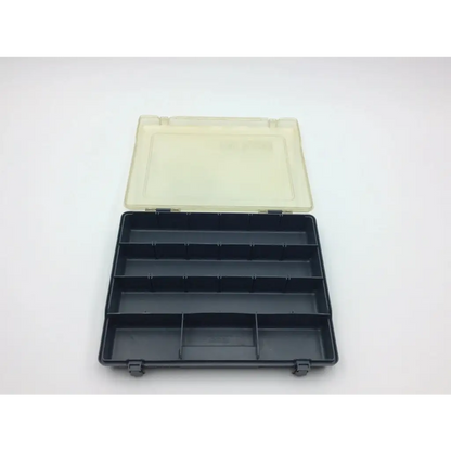 Black plastic plano carry away stowaway compartment box with a translucent beige lid and multiple storage compartments