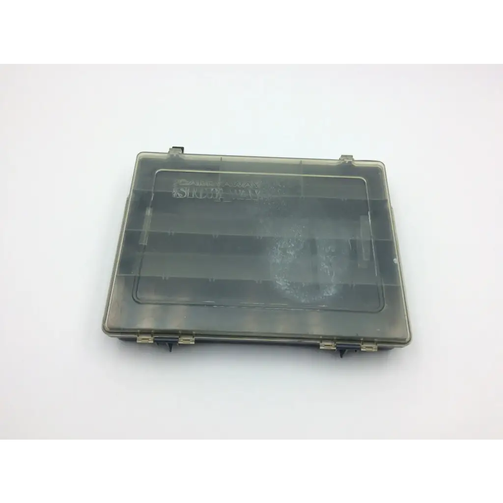 Transparent gray plastic plano carry stowaway compartment box with hinged lid and internal compartments for storage