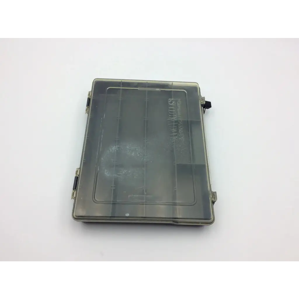 Transparent gray plastic plano carry away stowaway compartment box with hinged lid and internal compartments