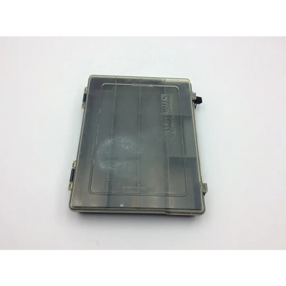 Transparent gray plastic plano carry away stowaway compartment box with hinged lid and internal compartments