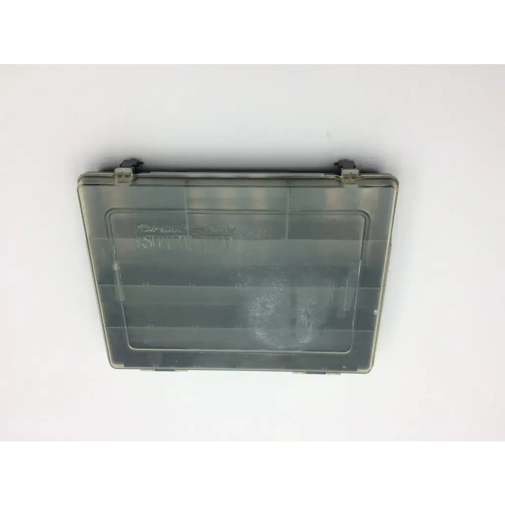 Transparent gray plastic plano carry away stowaway compartment box with hinged lid and internal compartments