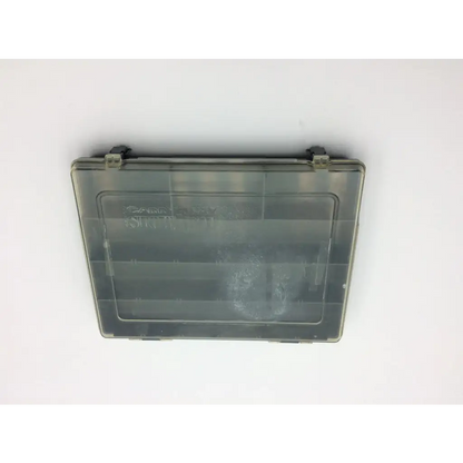 Transparent gray plastic plano carry away stowaway compartment box with hinged lid and internal compartments