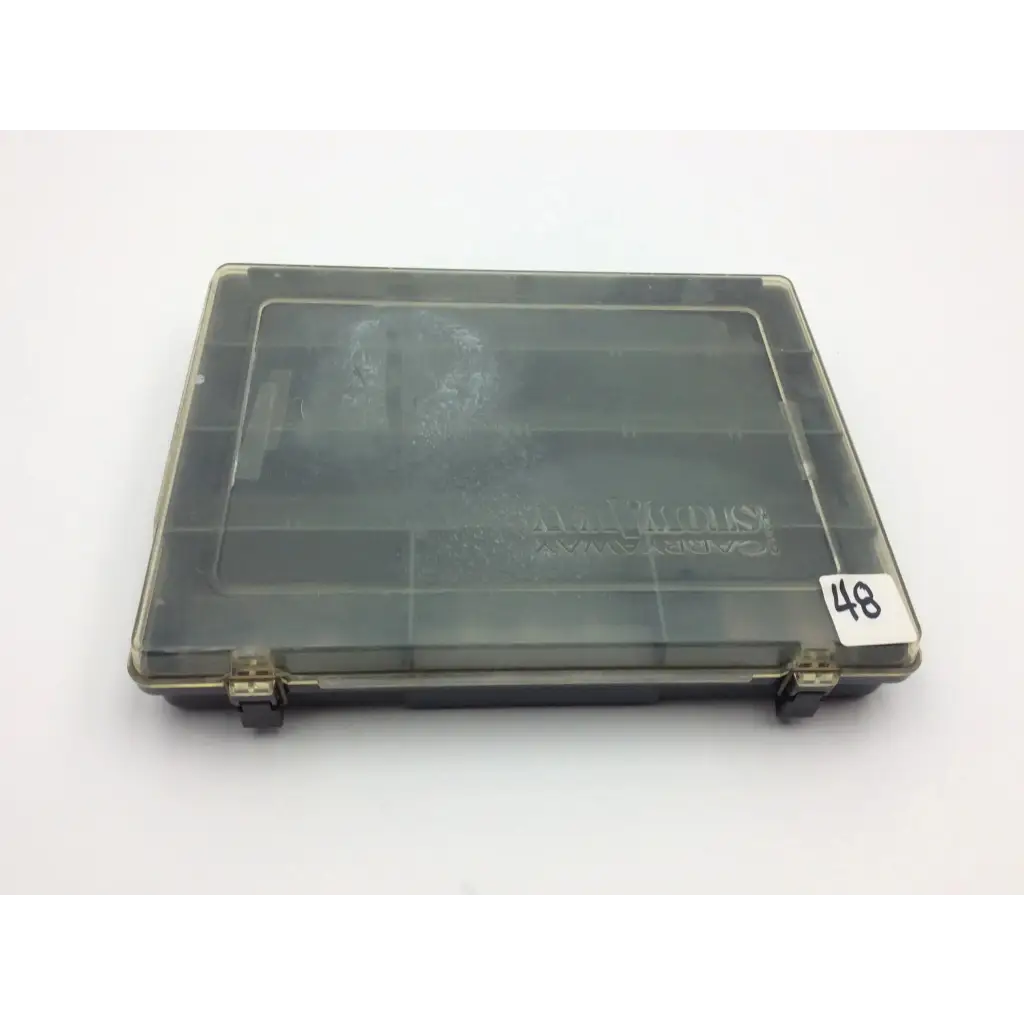 Transparent plastic plano carry away stowaway compartment box with hinged lid and multiple compartments for storage