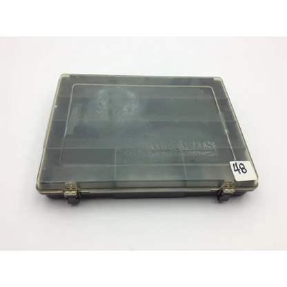 Transparent plastic plano carry away stowaway compartment box with hinged lid and multiple compartments for storage