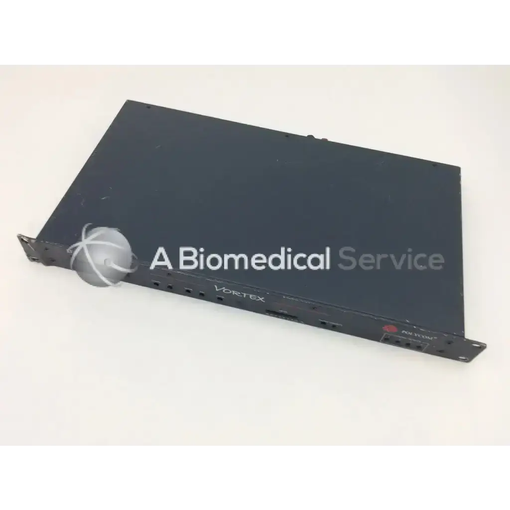 Black polycom vortex ef2241 microphone matrix mixer rack with metal mounting brackets and multiple front ports
