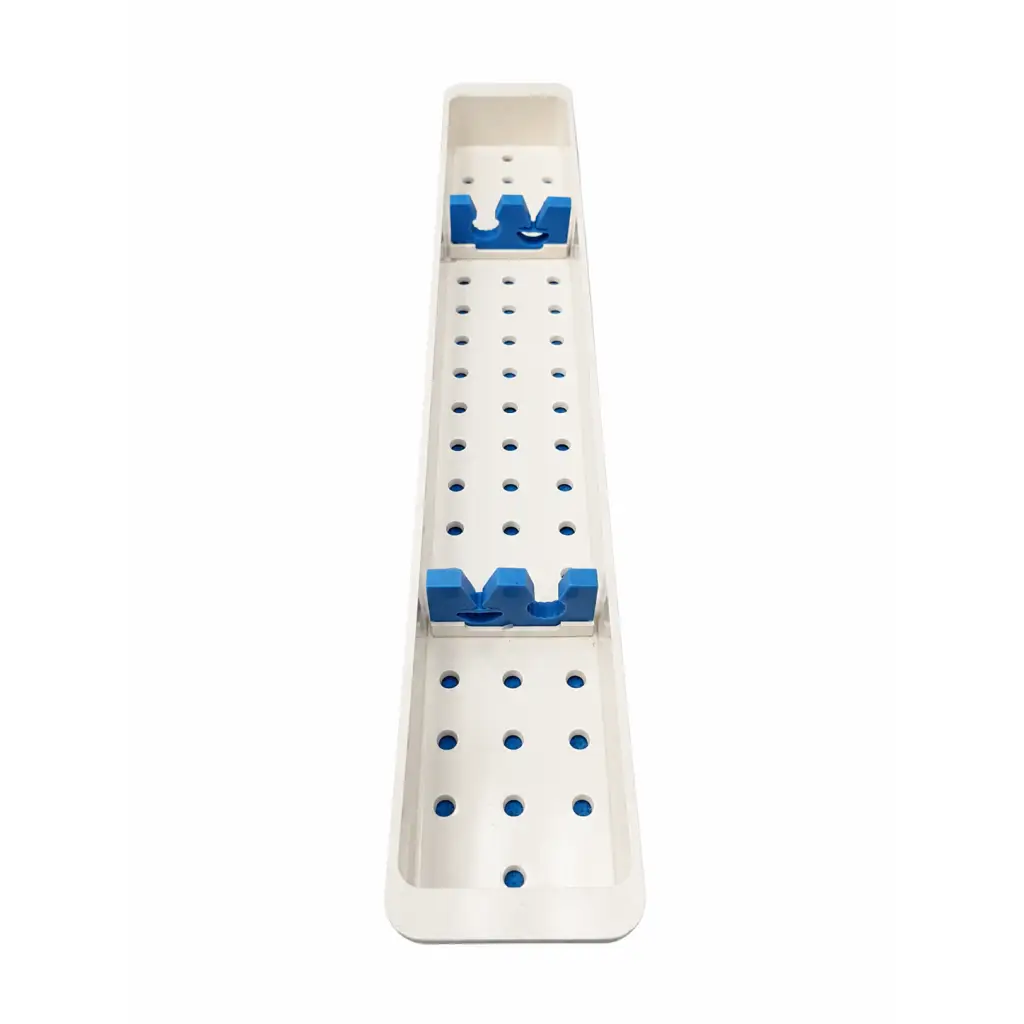 White plastic long perforated instrument tray with blue u-shaped clips and adjustable holders biomed certified