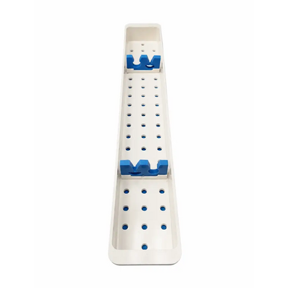 White plastic long perforated instrument tray with blue u-shaped clips and adjustable holders biomed certified