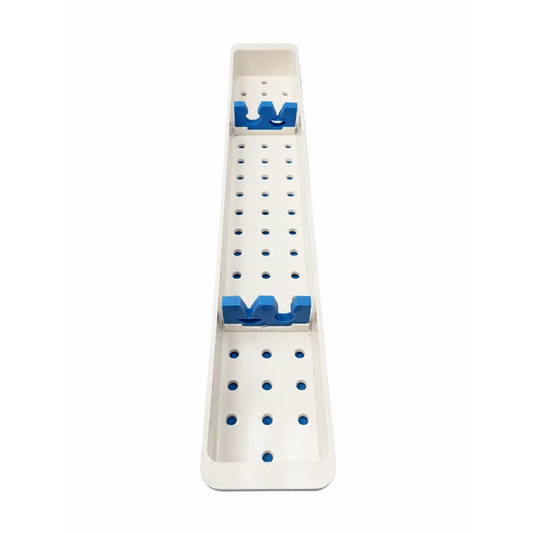 White plastic long perforated instrument tray with blue u-shaped clips and adjustable holders