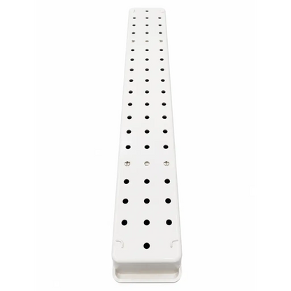 White plastic long perforated instrument tray with evenly spaced holes and metal fasteners for adjustable holders