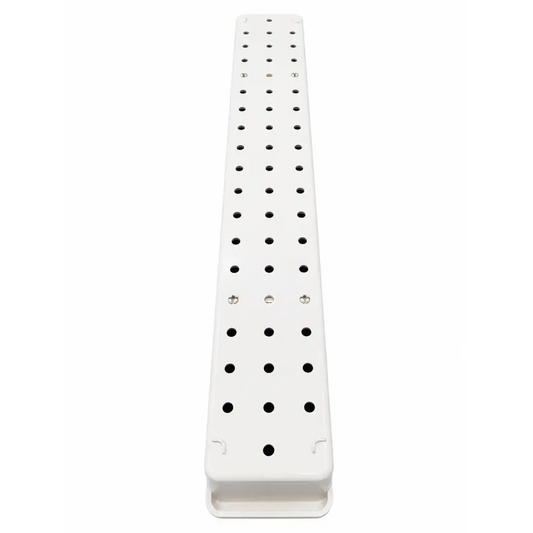 White plastic long perforated instrument tray with evenly spaced holes and metal fasteners for adjustable holders