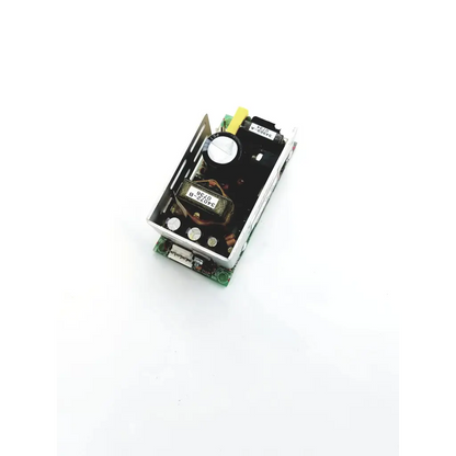 Silver rectangular power supply 15vdc with black internal components and yellow wire by power condor gpm41-15