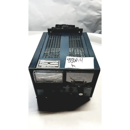 Black metal power supply unit with two analog meters and perforated front panel by power mate corp 105-125v 47-20hz