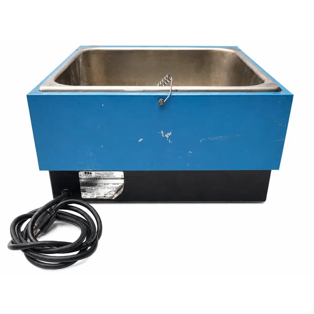 Blue rectangular precision scientific heated water bath with stainless steel interior and black base model 184 biomed certified