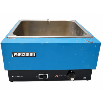 Precision scientific heated water bath model 184 with blue stainless steel pan and black control panel for precise temperature control