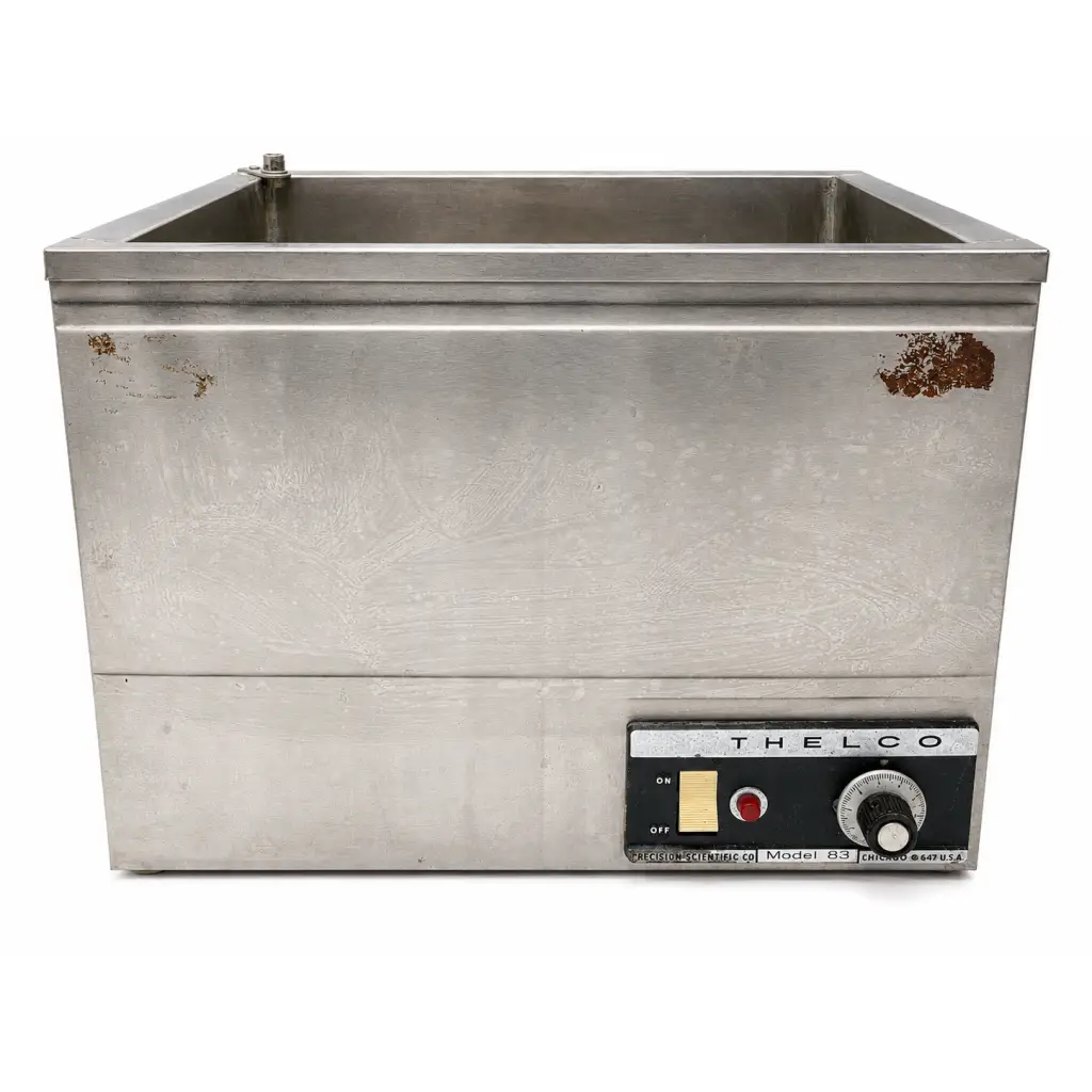 Silver stainless steel laboratory water bath with black control panel by thelco model 83 biomed certified