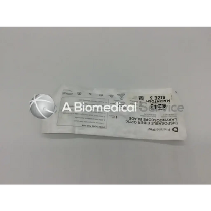 A white sterile package containing premierpro 6243 disposable fiber optic laryngoscope blade size 3 macintosh