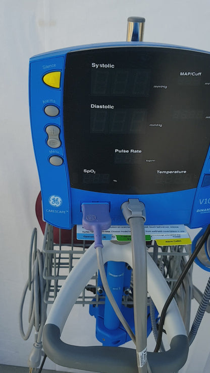 GE Carescape V100 Vital Signs Monitor with SpO2, Adult Black Cuff & Temperature Probe With Stand