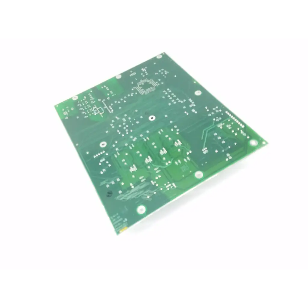 Green rectangular processor control printed circuit board rev h bbca1-11 with silver solder pads and fine copper traces
