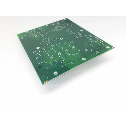 Green rectangular processor control circuit board rev h bbca1-11 with silver solder pads and fine copper traces