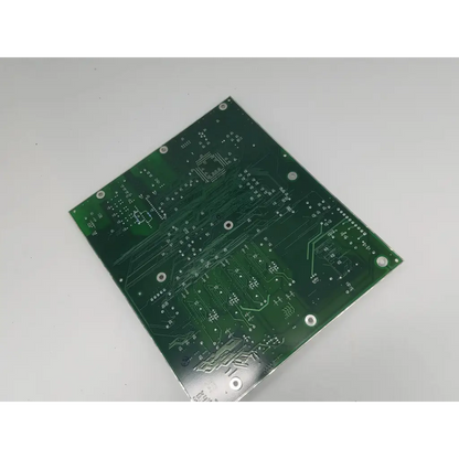 Green rectangular processor control pcb rev h bbca1-11 with silver solder pads and intricate copper traces
