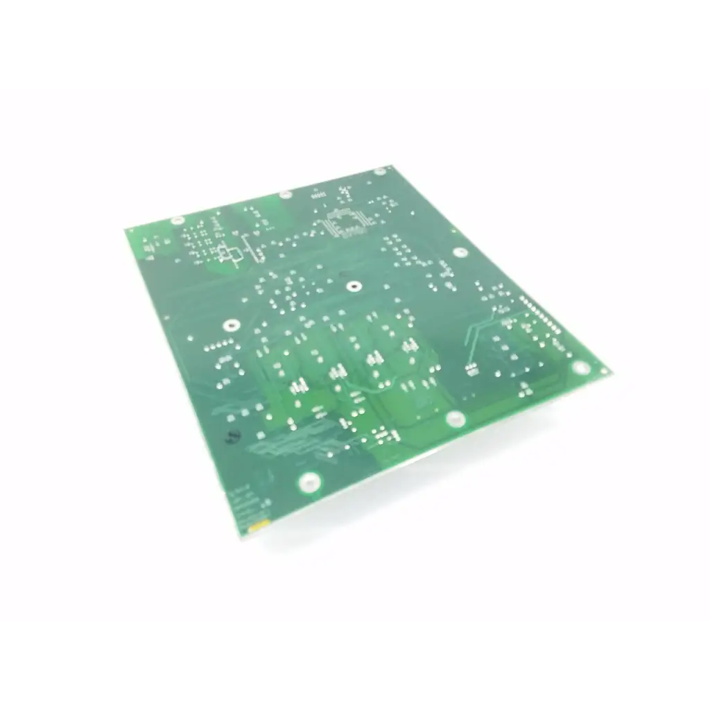 Green rectangular printed circuit board with white solder pads and traces for processor control rev h bbca1-11
