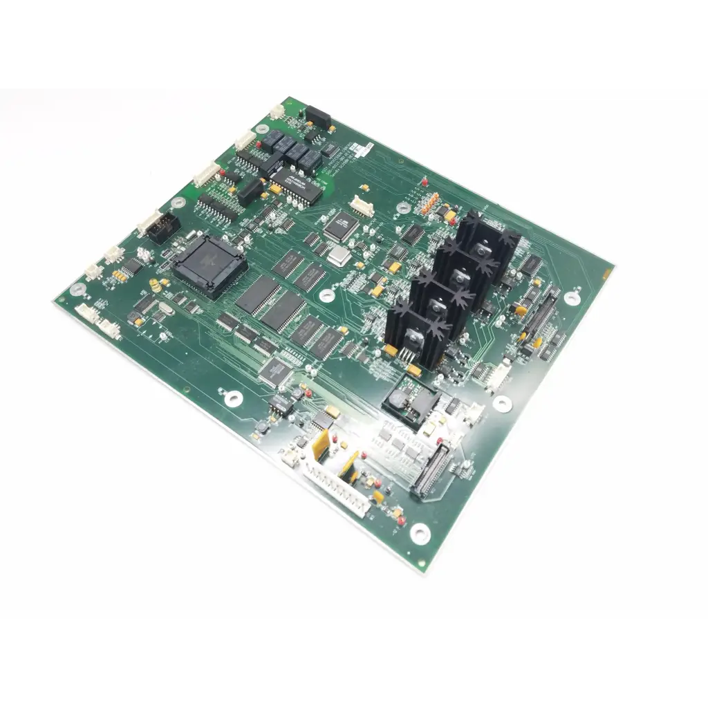 Green printed circuit board of processor control 500-10027-001 rev h with black integrated circuits and heat sinks bbca1-11