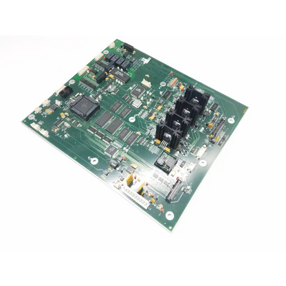 Green printed circuit board of processor control 500-10027-001 rev h with black integrated circuits and heat sinks bbca1-11